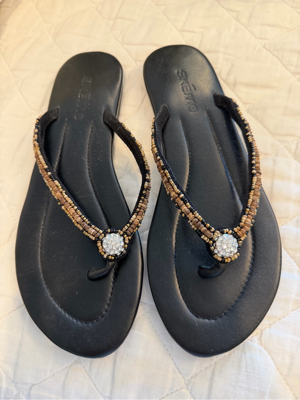 Skemo Black Beaded Thong Sandals with Rhinestone Accent